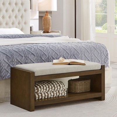 Accent Bench with Lower Shelf Shoe Rack, Padded Seating Bench, Modern Compact Bed End Bench with Storage 40in Beige | Target