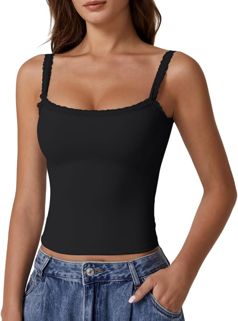 QINSEN Womens Square Neck Lace Trim Tank Top Double Lined Slim Fitted Y2k Going Out Camisole Shir... | Amazon (US)