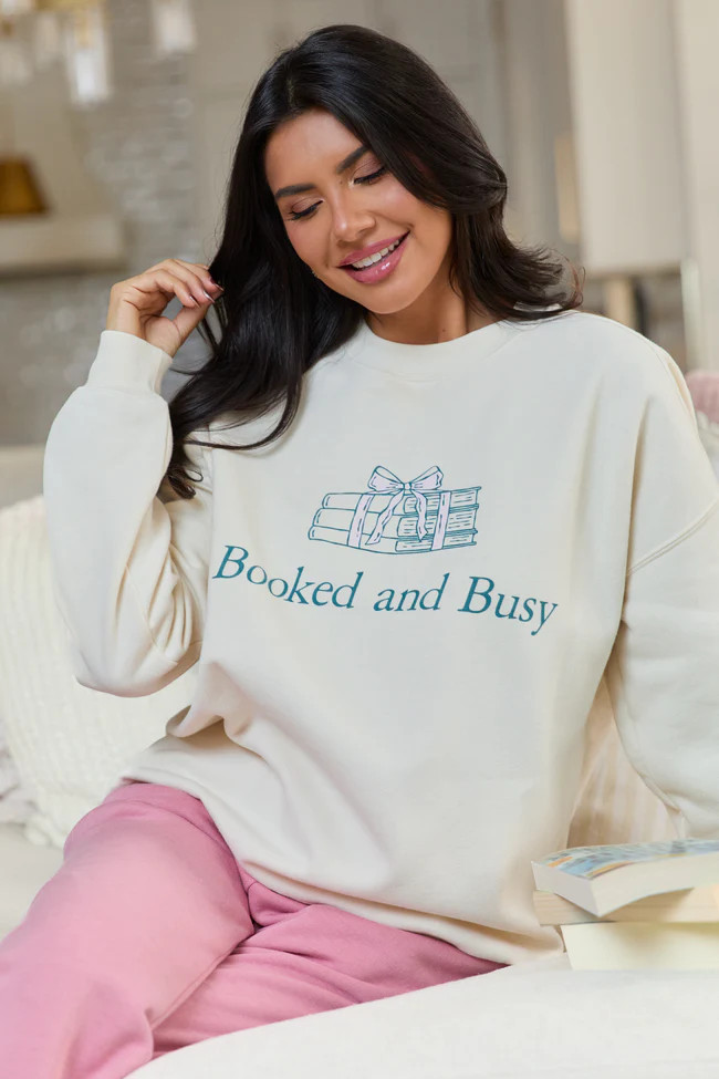 Booked & Busy Cream Graphic Sweatshirt | Pink Lily