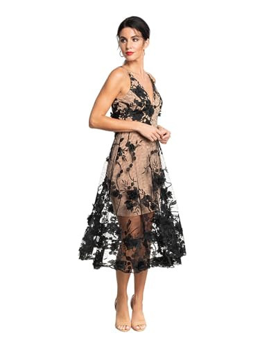 Dress the Population Women's Audrey Spaghetti Strap MIDI A-LINE 3D Floral Dress Dress, Black/Nude, S | Amazon (US)