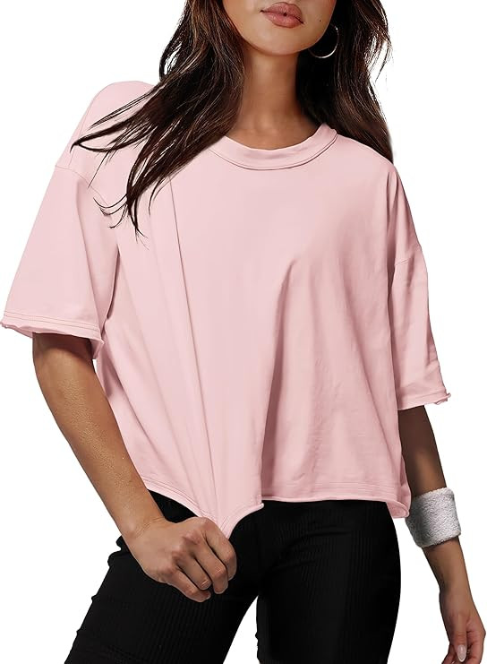 XIEERDUO Cotton Tshirts for Women Drop Shoulder Round Neck Oversized Crop Tops Workout Tops Tees | Amazon (US)
