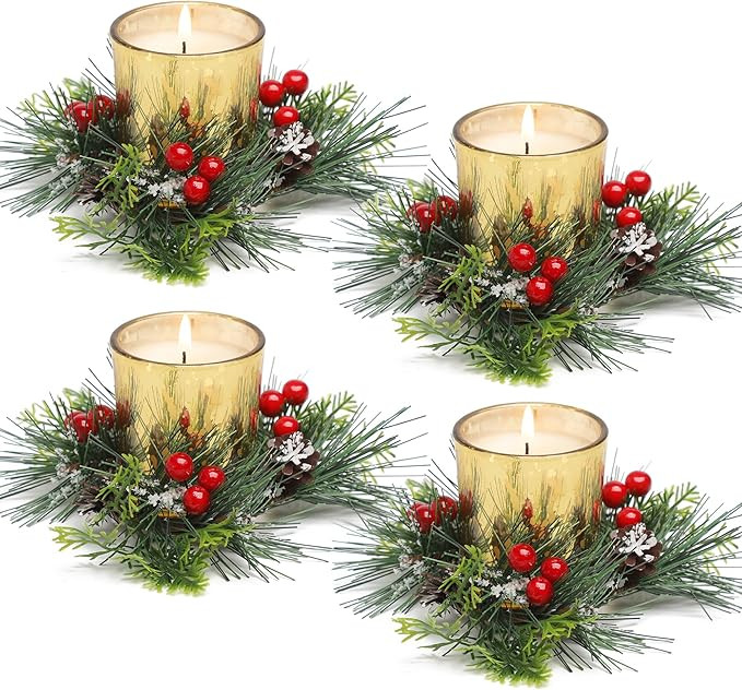 Christmas Candle Ring, 4 Pcs Votive Candle with Red Berry Pinecone, Xmas Ring Candle for Table Ce... | Amazon (US)
