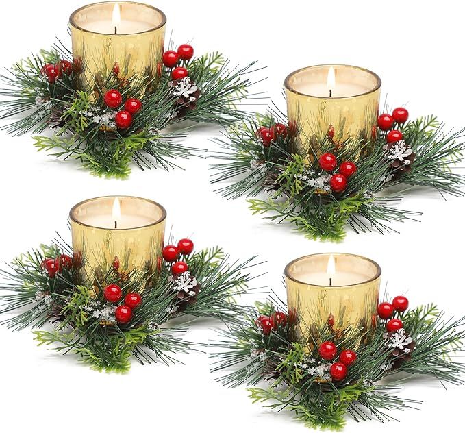 Christmas Candle Ring, Red Berry and Pinecone Xmas Candle Ring Wreath with Gold Candle Holders fo... | Amazon (US)