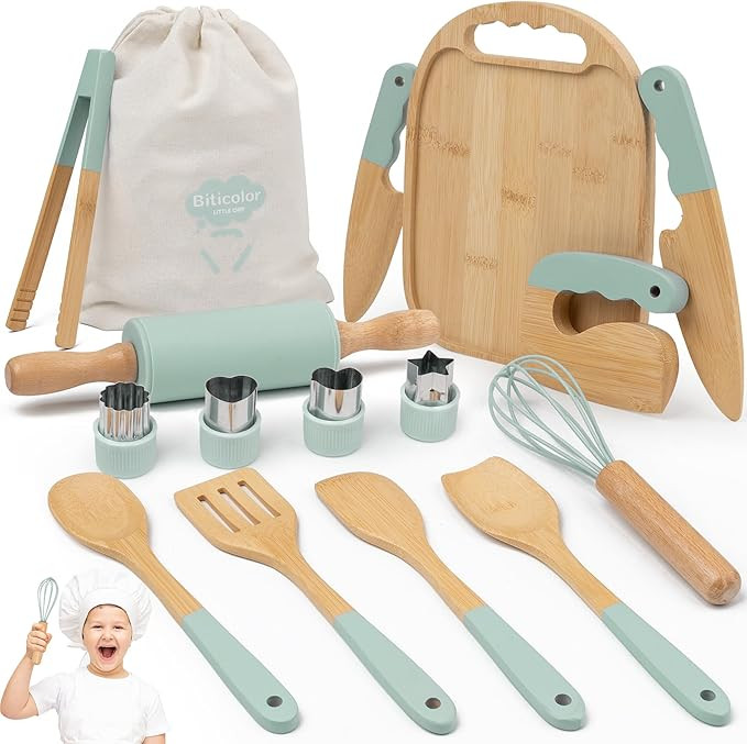 Wooden Kids Cooking Set Montessori Kit - Real Toddler Kitchen Tools & Baking Utensils - 15PCS Coo... | Amazon (US)