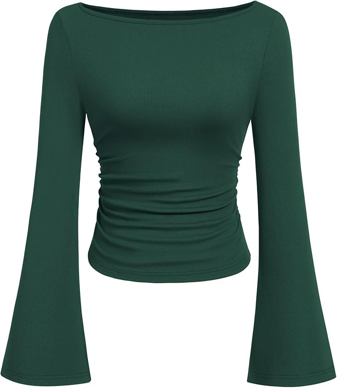 PRETTYGARDEN Women's Long Sleeve Shirts 2025 Fall Crop Going Out Tops Casual Boat Neck Bell Sleev... | Amazon (US)