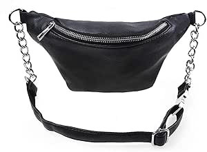 Fashion Leather Waist Fanny Pack Chest Bag Phone Purse with Metalic Chain for Women Black | Amazon (US)
