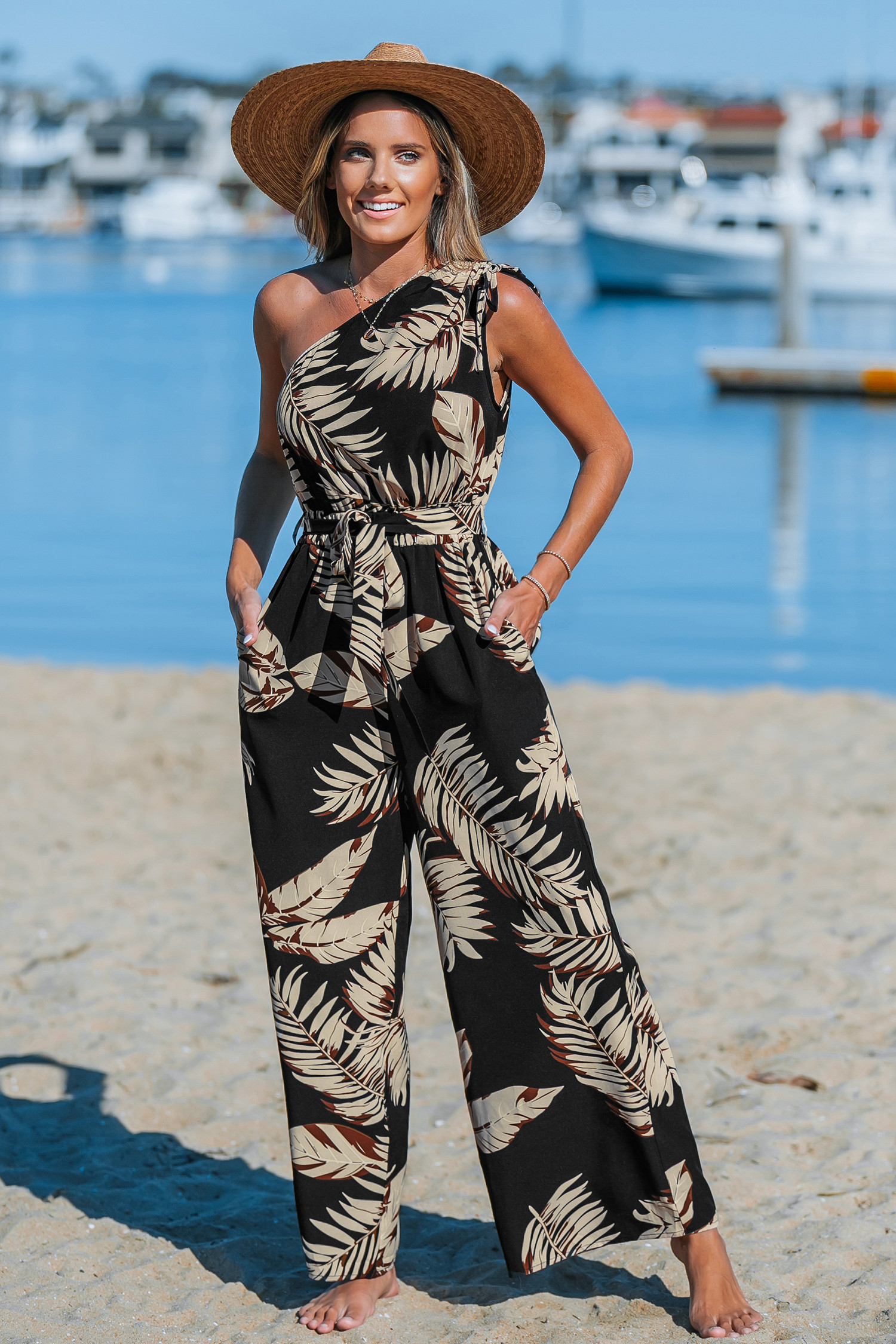 Midnight Tropics One-Shoulder Wide Leg Jumpsuit | Cupshe UK
