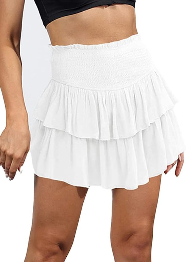 Ruffle Mini Skirt for Women Smocked Waist A Line Cute Short Flowy Skirt | Amazon (US)
