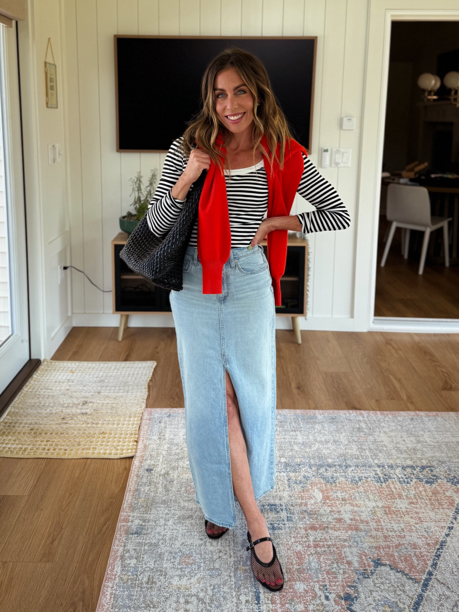 Striped top: xs
Jean maxi skirt: 0 
Mesh flats: fit TTS

#LTKOver40 #LTKFindsUnder50 #LTKStyleTip