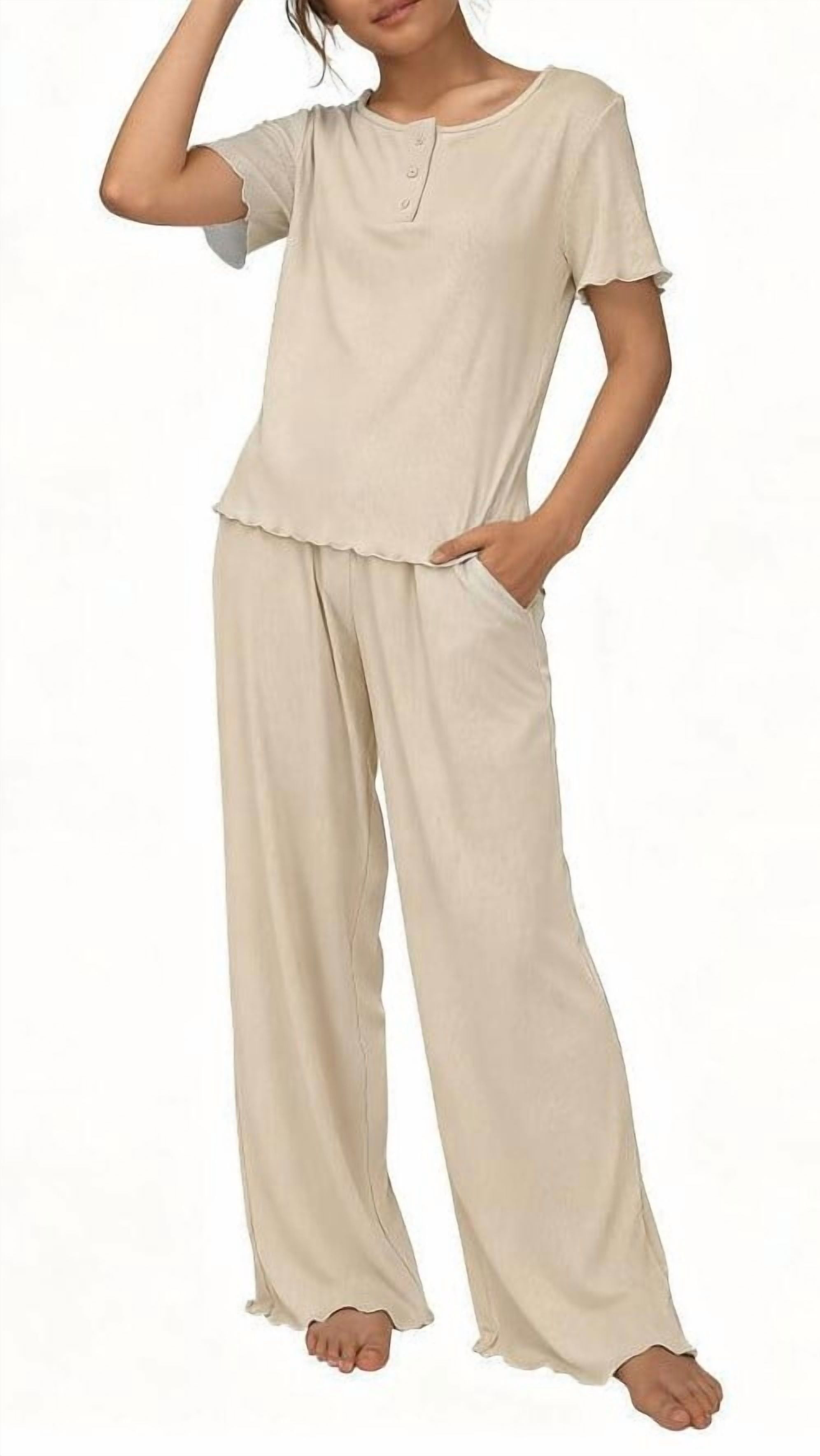 Loritta Womens Pajamas Knit Short Sleeve lounge sets 2 piece For Women Fall Khaki | Walmart (US)
