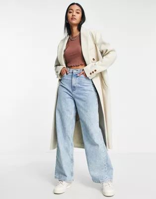 Topshop double breasted long coat in oat | ASOS (Global)