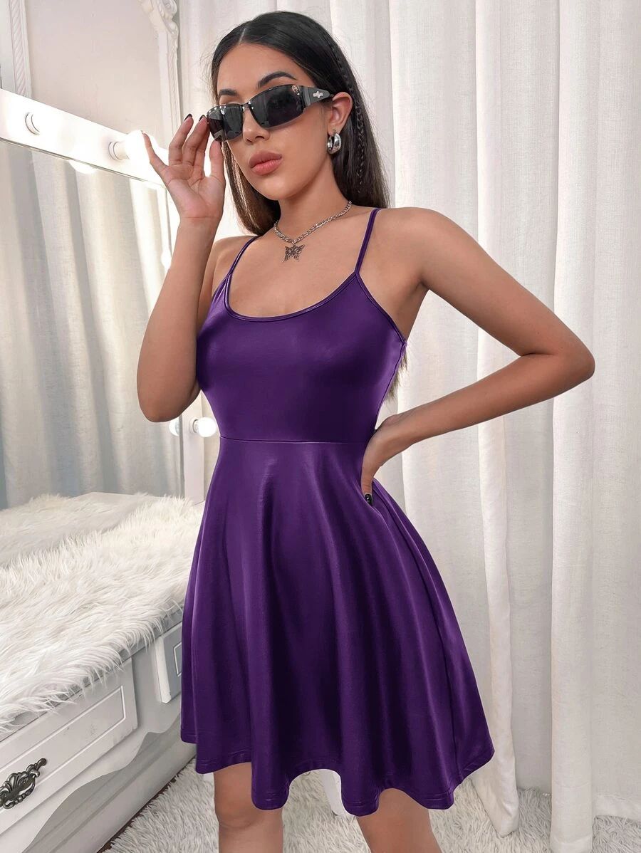 HomeWomen ClothingWomen DressesSHEIN EZwear Solid PU Leather Cami Dress | SHEIN