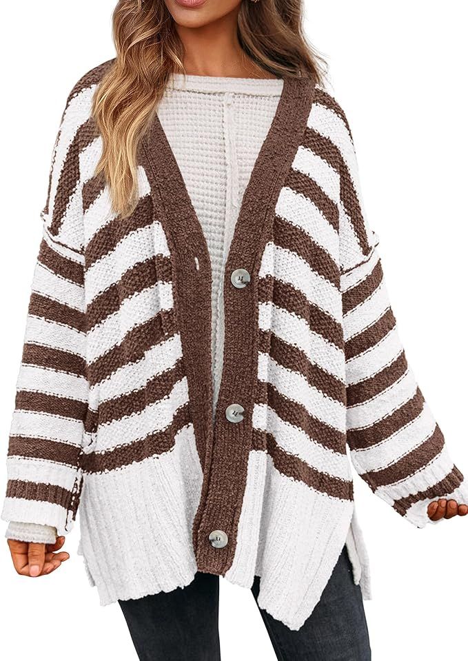 PRETTYGARDEN Women's Striped Cardigan Sweaters Long Sleeve Button Down Chunky Knit Oversized Fall... | Amazon (US)