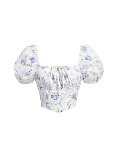 Verdusa Women's Floral Print Short Puff Sleeve Bow Front Asymmetrical Hem Crop Blouse Top | Amazon (US)
