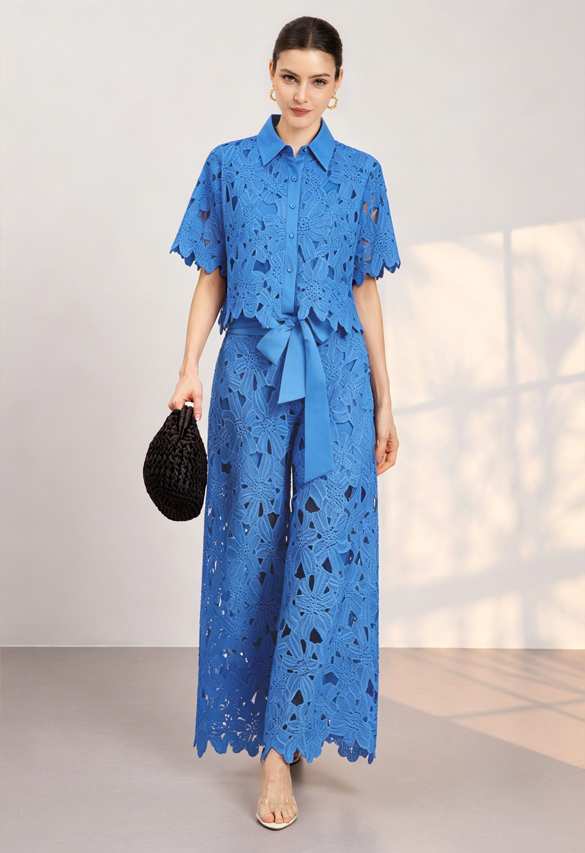 Guipure Lace Crop Shirt and Tie-Waist Pants Set in Royal Blue for Resort Vacations & Daytime Occa... | Chicwish