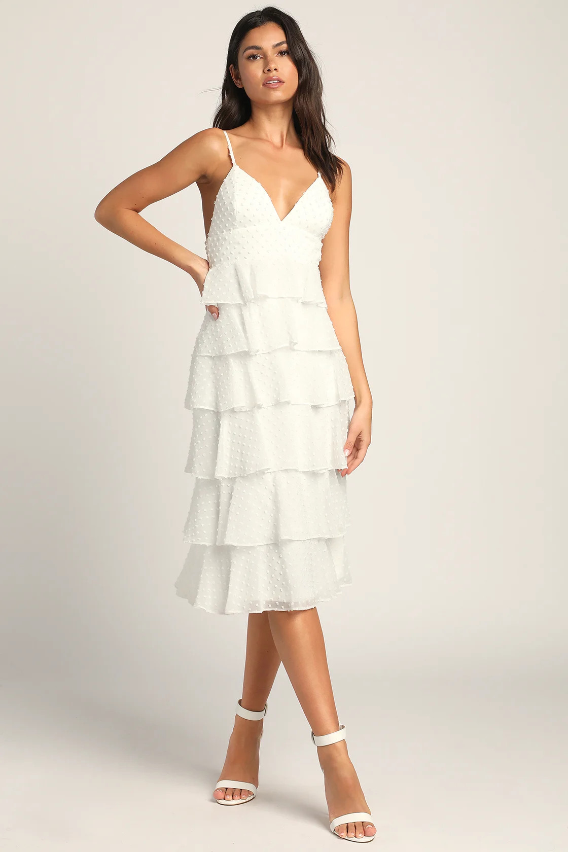Tier to You White Swiss Dot Tiered Sleeveless Midi Dress | Lulus (US)