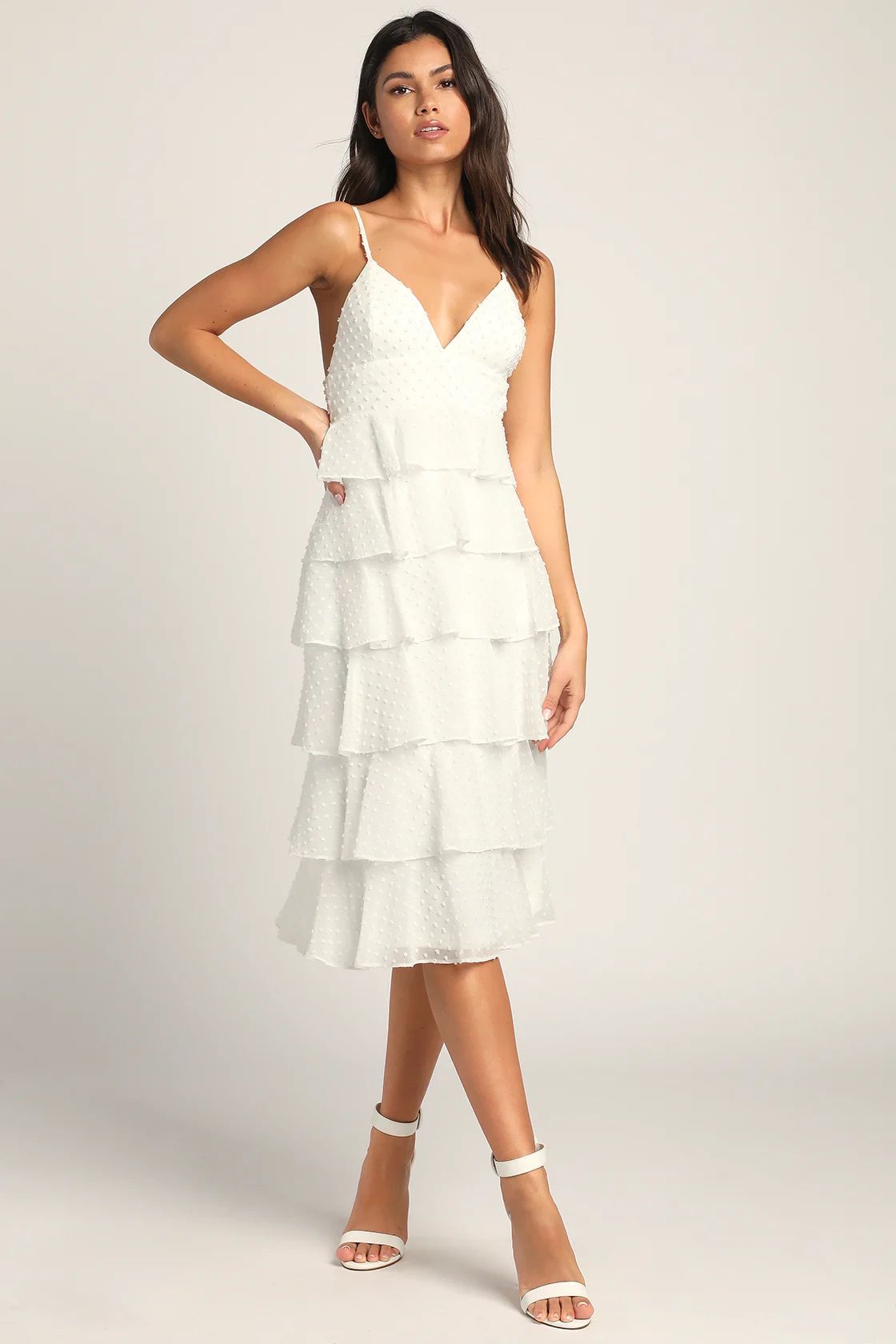 Tier to You White Swiss Dot Tiered Sleeveless Midi Dress | Lulus (US)