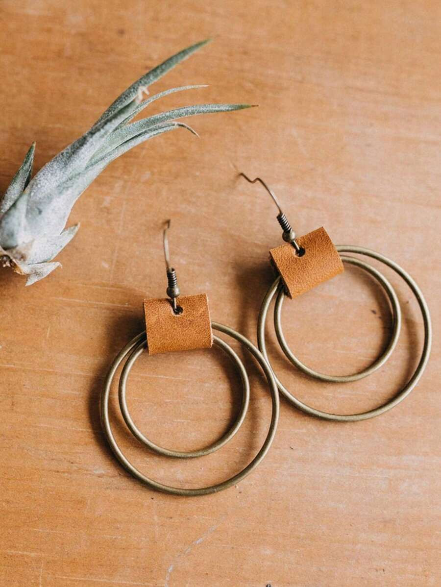 2 PCS Bronze And Leather Hoop Earrings, Hoop Earrings,Double Gold Rings, Hypoallergenic, Brown Le... | SHEIN
