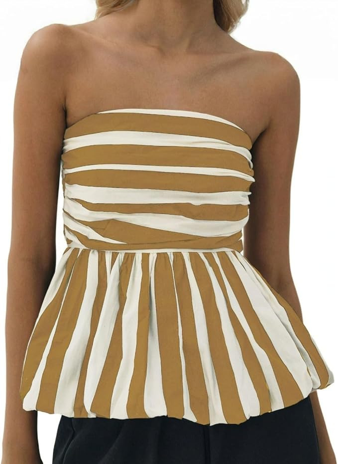 Tube Tops for Women Strapless Sleeveless Tank Tops Peplum Flowy Casual Striped Dressy Tops Shirts | Amazon (US)