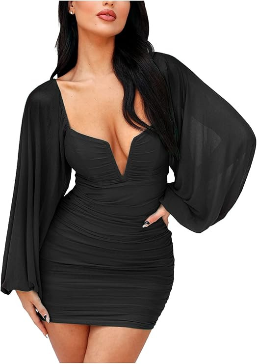 L'VOW Women's Sexy Ruched Plunge V Neck Bodycon Backless Mesh Puff Long Sleeve Mini Club Pencil D... | Amazon (US)