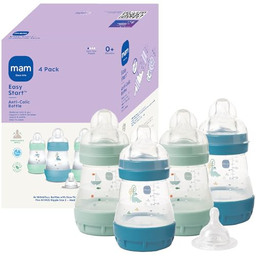 MAM 5oz Easy Start Anti-Colic Baby Bottles, Slow Flow with Bonus Medium Flow Nipple, Reduces Colic, Gas, & Reflux, Easy-to-Clean, BPA-Free, Baby Bottles for Newborns, 0-3 Months | Amazon (US)