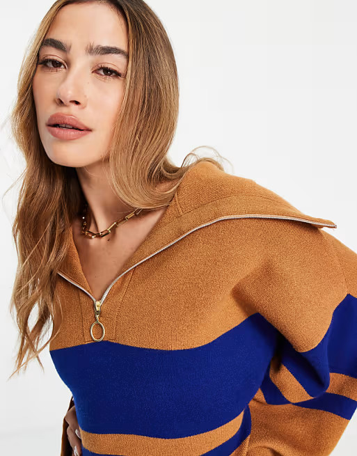 Mango half zip sweater in brown with blue contrast stripeswindow.asos.performance.markAndMeasure(... | ASOS (Global)