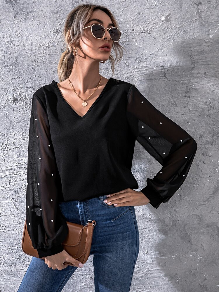 Bishop Sleeve Pearls Detail Blouse | SHEIN