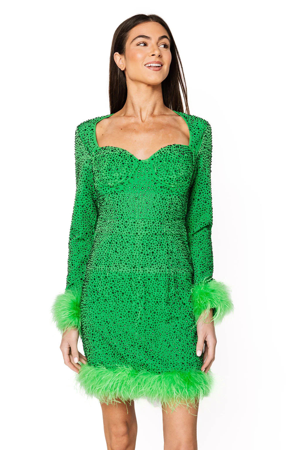 Sample Green Full Rhinestone Feather Sleeve Dress | Queen of Sparkles