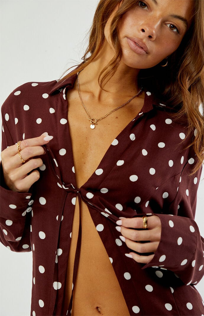 Rhythm Women's Polka Dot Tie Front Long Sleeve Shirt in Brown - Size Medium | PacSun