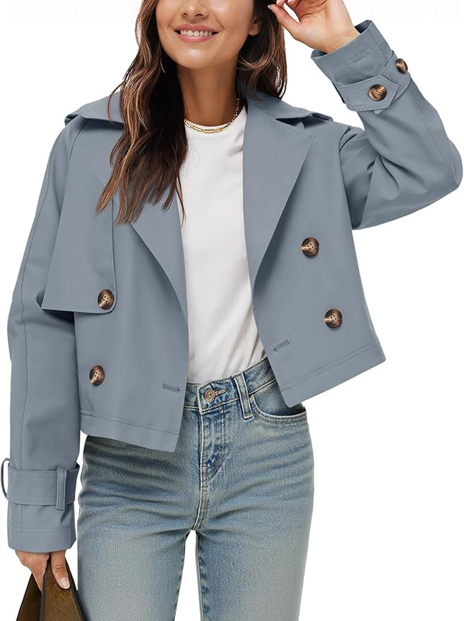 Tankaneo Womens Cropped Trench Coat Lapel Double Breasted Short Jacket Outwear | Amazon (US)