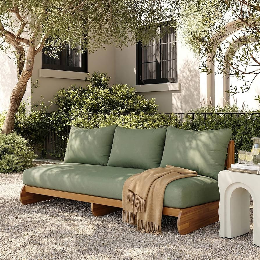 Merax Outdoor Acacia Wood Sofa with All-Weather Cushions, Patio Low 3-Seater Lounge Sofa for Porc... | Amazon (US)
