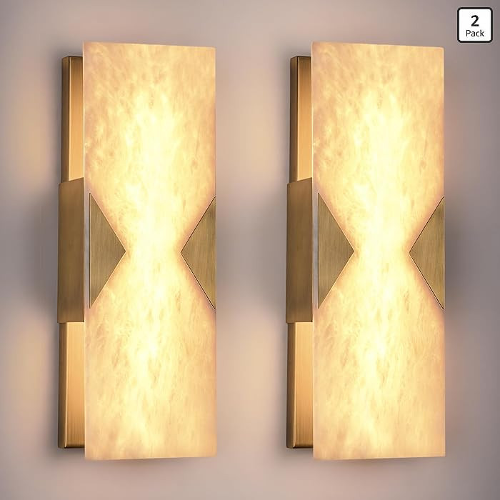 Alabaster Wall Sconces Set of 2,14.2in Modern Natural Marble Vanity Light, Hardwired Brass Gold W... | Amazon (US)