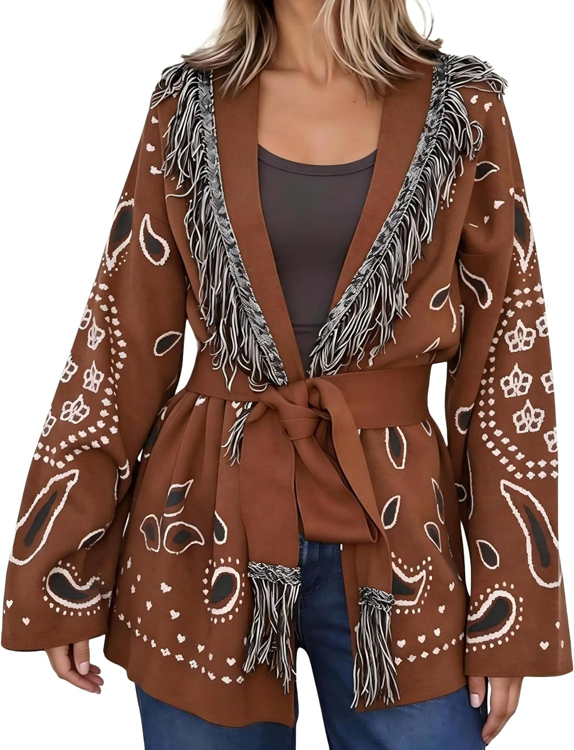 Womens Fringe Cardigan Printed Long Sleeve Belt Sweaters | Amazon (US)