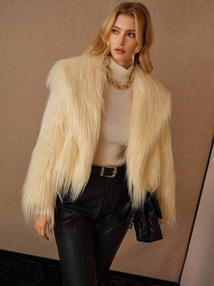 MOTF PREMIUM SOLID WATERFALL COLLAR FLUFFY COAT | SHEIN