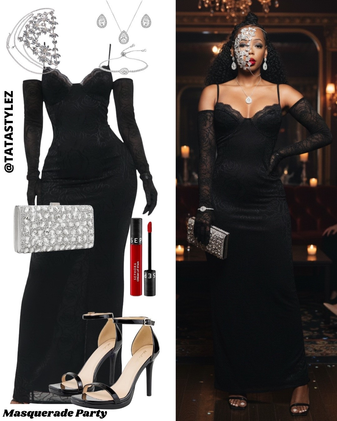 Masquerade mood activated. Sleek black lace, crystal accents, and a bold red lip for a look that speaks elegance with a little mystery. Perfect for formal nights, holiday parties, or when you want to make a quiet statement that still turns heads. Dress is from Fashion Nova 🔎 Romance Glove Dress Set-Black 

#LTKMidsize #LTKFindsUnder100 #LTKHoliday