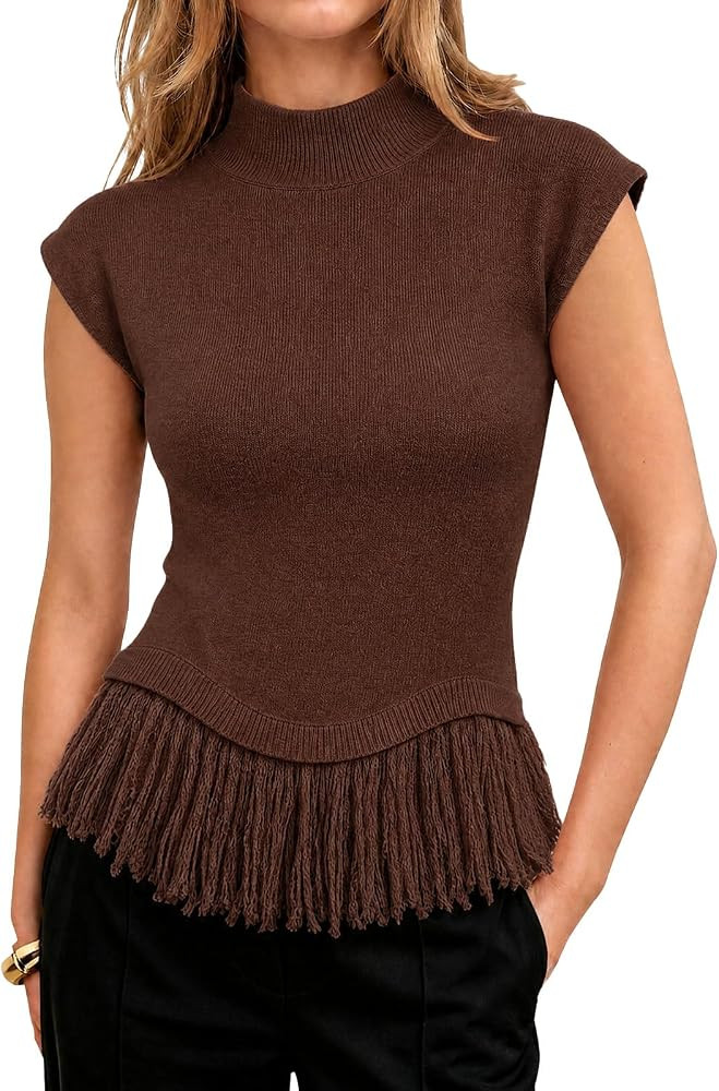 Womens Cap Sleeve Sweater Vest Fringe Mock Neck Knit Tank Tops | Amazon (US)