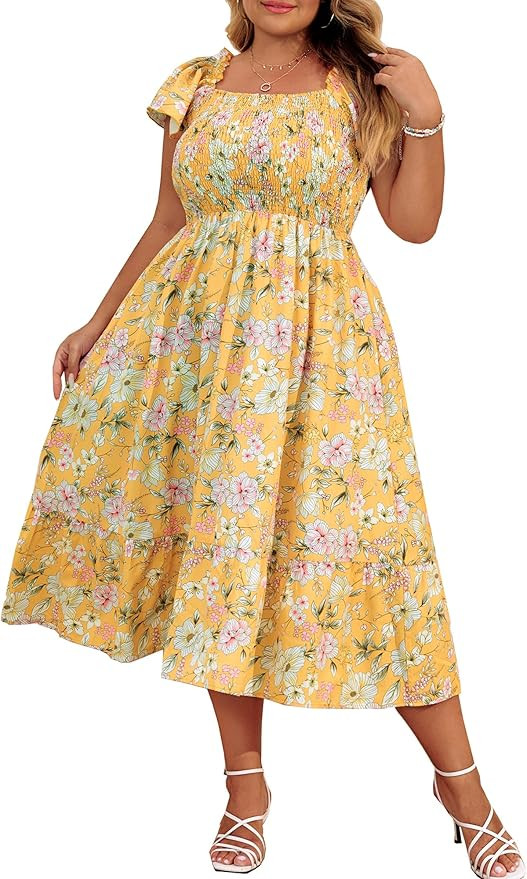 Hanna Nikole Women's Plus Size Summer Maxi Dress Short Sleeve Smocked Square Neck Casual Floral F... | Amazon (US)