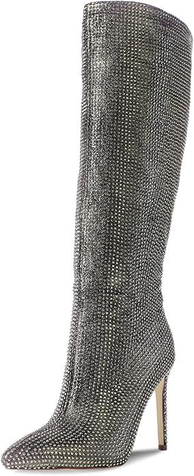 Ouepiano Women's Rhinestone Booties Stiletto Heel Boots Bling Pointed Toe Side Zipper Sparkly Rhi... | Amazon (US)