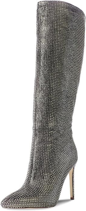 Ouepiano Women's Rhinestone Booties Stiletto Heel Boots Bling Pointed Toe Side Zipper Sparkly Rhi... | Amazon (US)