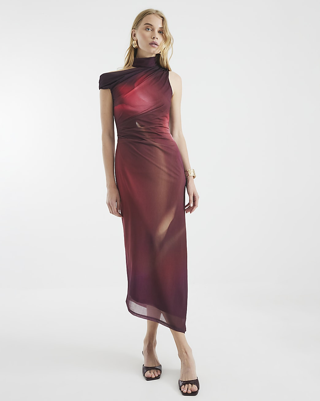 Red Sleeveless High Neck Mesh Midi Dress | River Island UK & IE