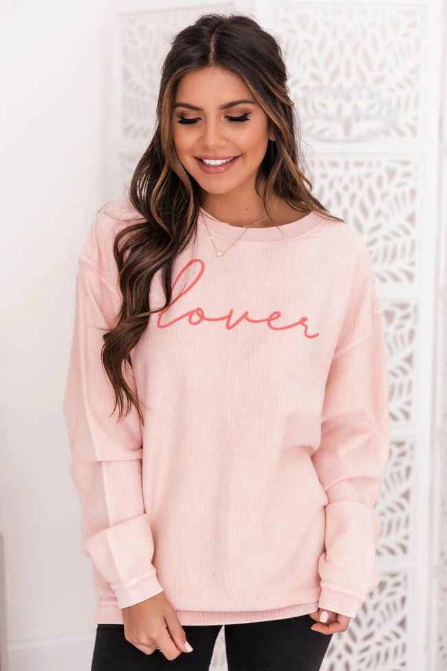 Lover Script Pink Corded Graphic Sweatshirt | The Pink Lily Boutique