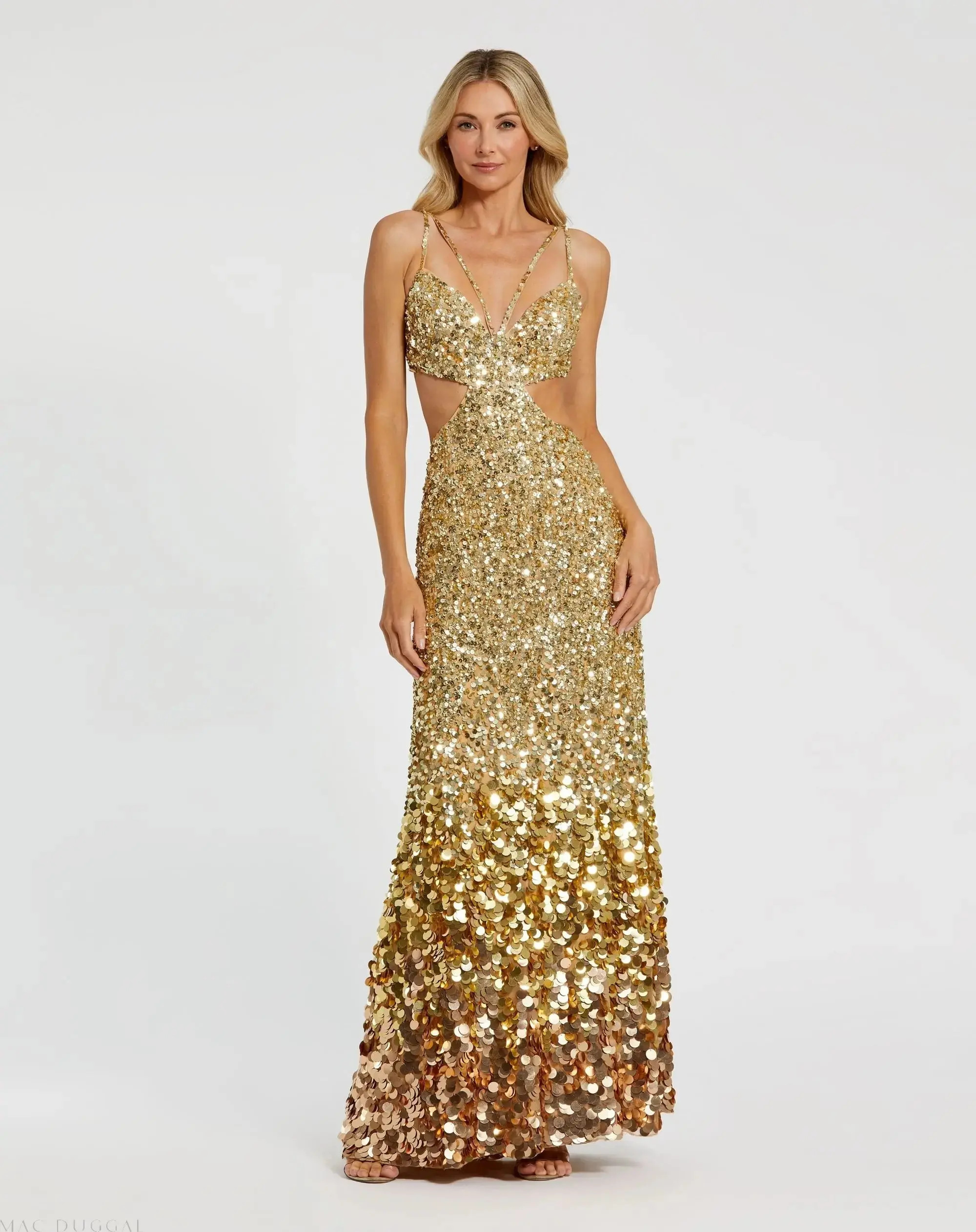 Gold Thin Strap Cut Out Gown With Ombre Sequins - Mac Duggal | Mac Duggal