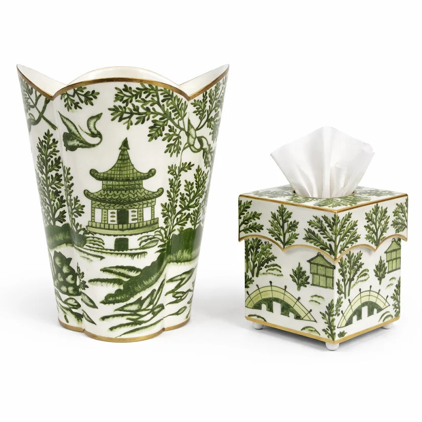 Green Pagoda Wastepaper Basket & Tissue Set | The Enchanted Home