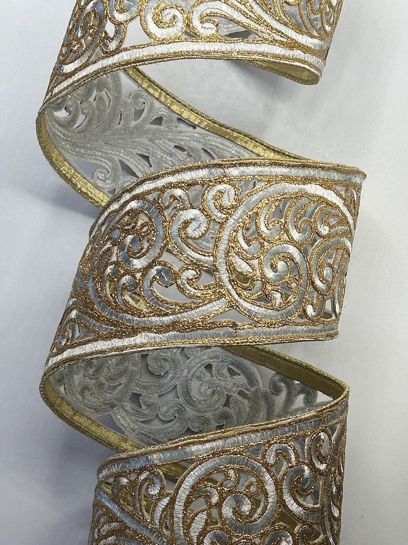 3.5 Silver & Gold Metallic Scroll Ribbon D Stevens - Etsy | Etsy (US)