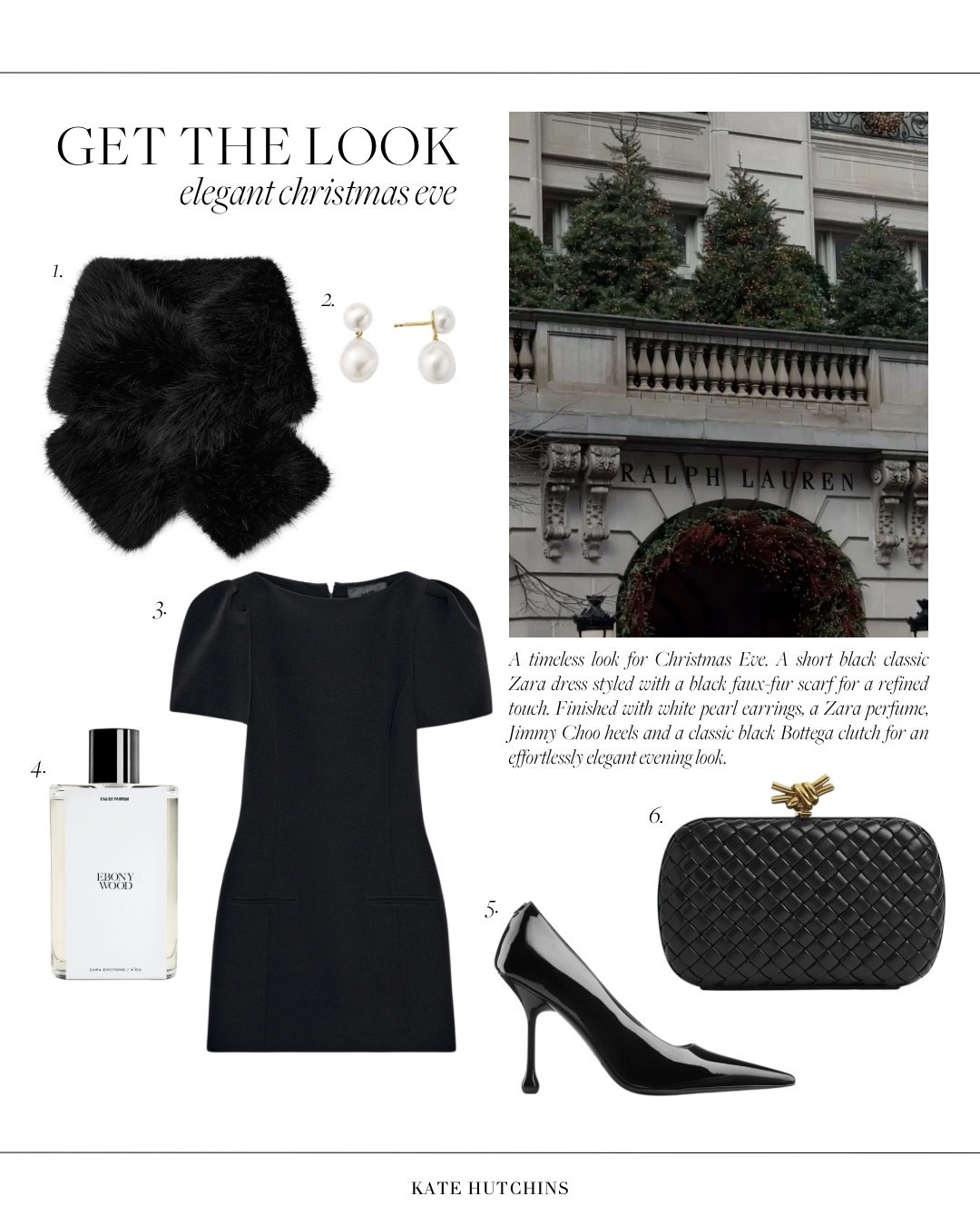 A timeless look for Christmas Eve. Wearing a short black classic Zara dress styled with a black faux-fur scarf for a refined touch. Finished with white pearl earrings, Zara perfume, Jimmy Choo peep-toe heels and a classic black Bottega clutch for an effortlessly elegant evening look.


#LTKfestive #LTKwinter #LTKdresses