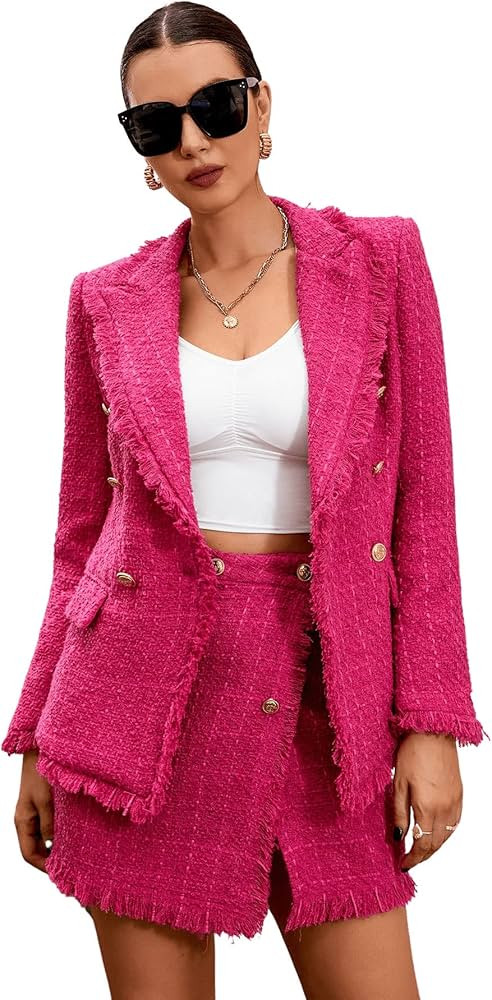 SweatyRocks Women's Business Suit 2 Pieces Tweed Blazer Jacket Coat and Skirt Set | Amazon (US)