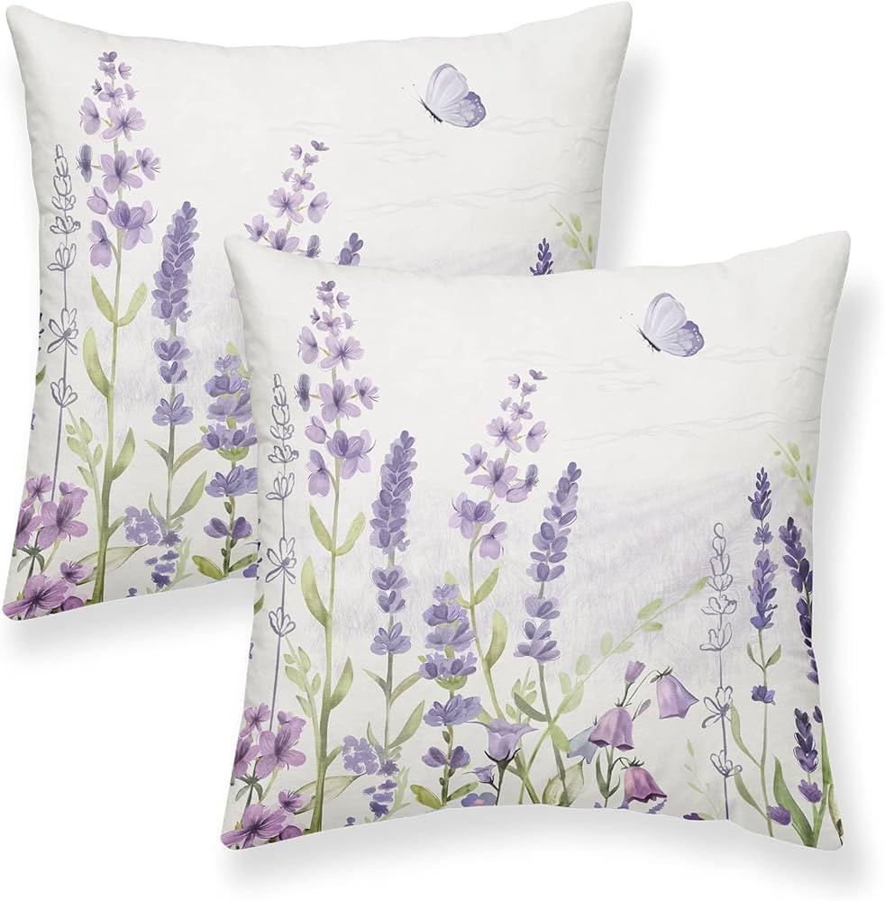 Spring Lavender Pillow Cover 20x20 Inch Set of 2, Purple Flowers Throw Pillow Covers Summer Water... | Amazon (US)