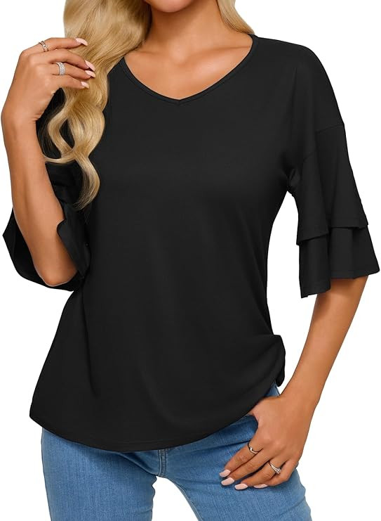 REORIA Shirts for Women's 2026 Ruffle Short Sleeve T Shirts Casual V Neck Cute Tops Fashion Blous... | Amazon (US)