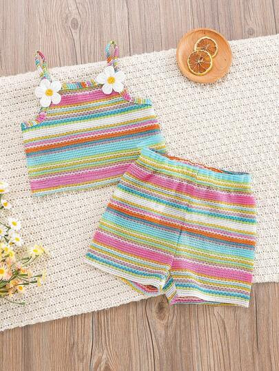 SHEIN Vintaside Kids 2pcs/Set Baby Girls Rainbow Stripe Embroidered Floral Camisole Top & Elastic... | SHEIN