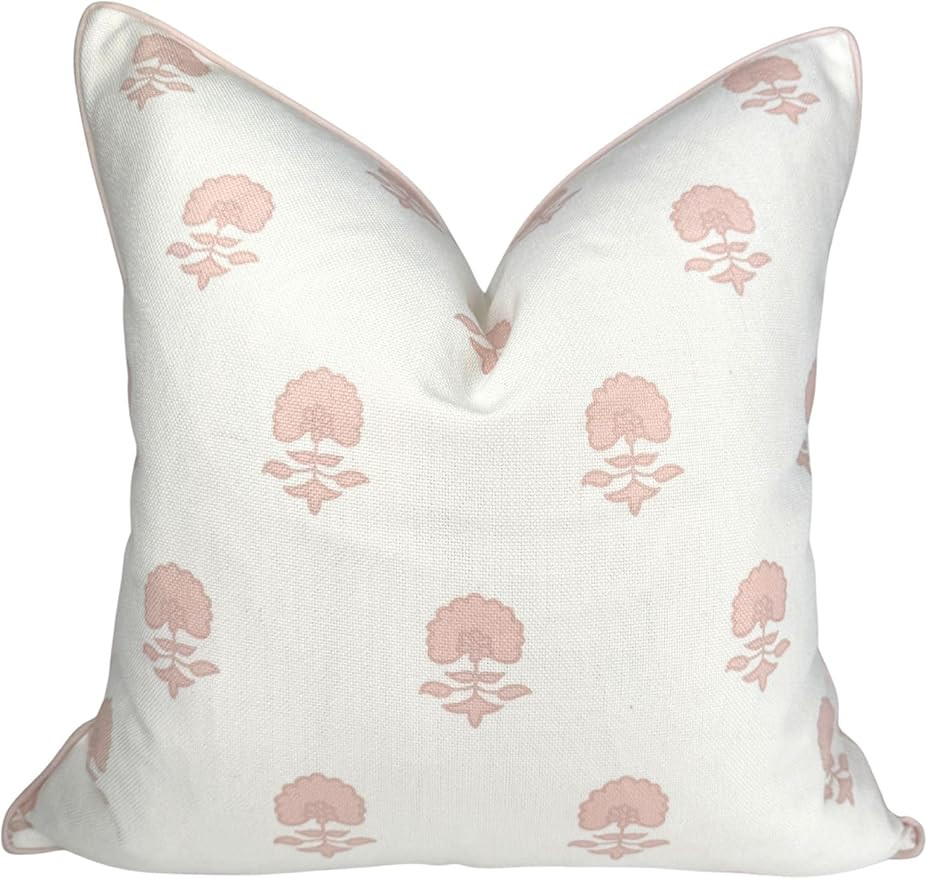 “The Lauderdale” Floral Block Print Pillow Cover – Blush Pink and Off-White Decorative Thro... | Amazon (US)